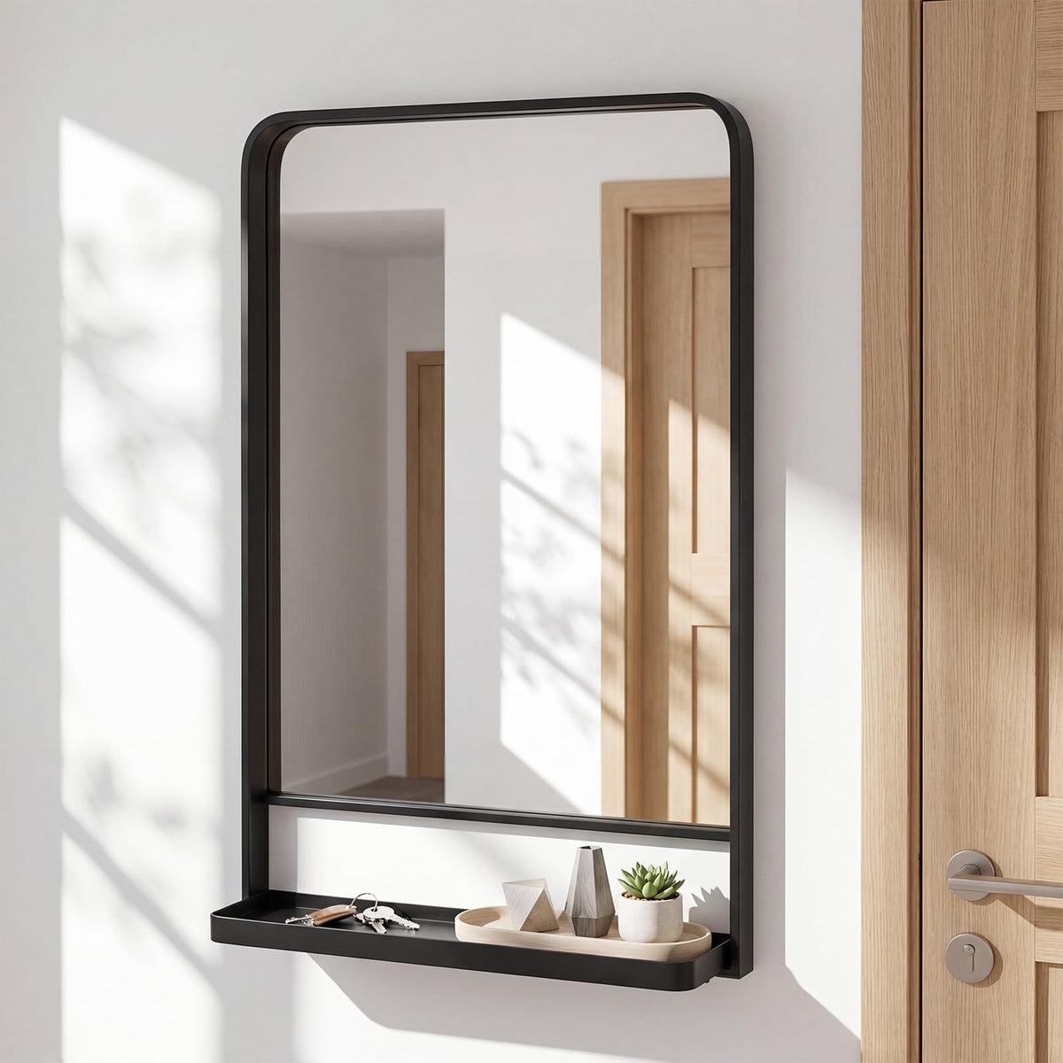 28x18 Inch Bathroom Mirror with Shelf, Black Metal Frame, 2 in 1