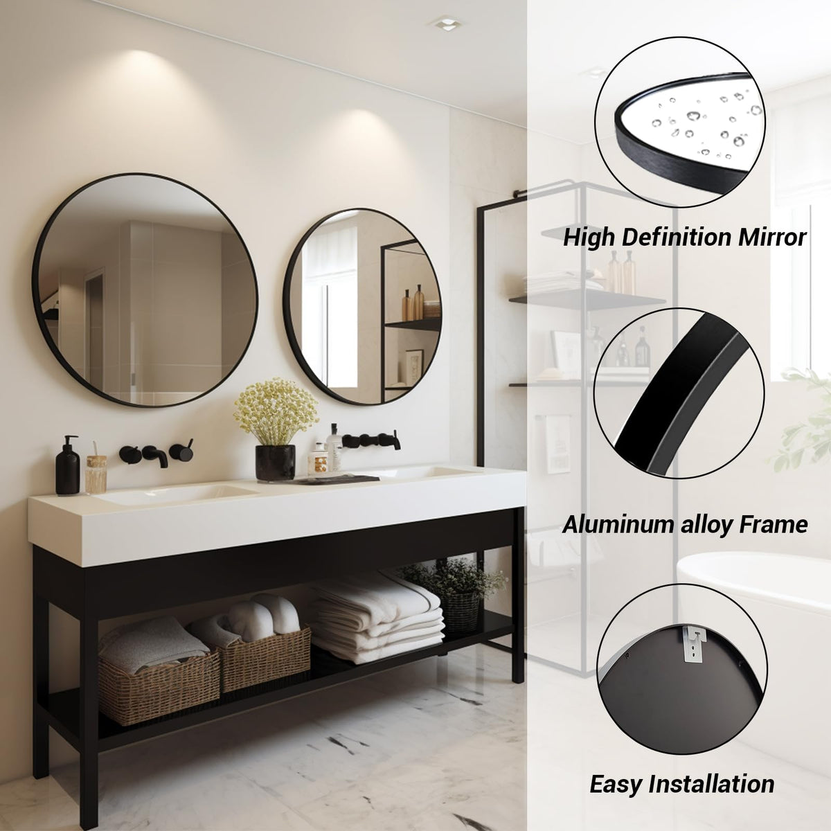 Large Round Mirror, Circle Mirror 30 inch, Matte Black Metal Frame