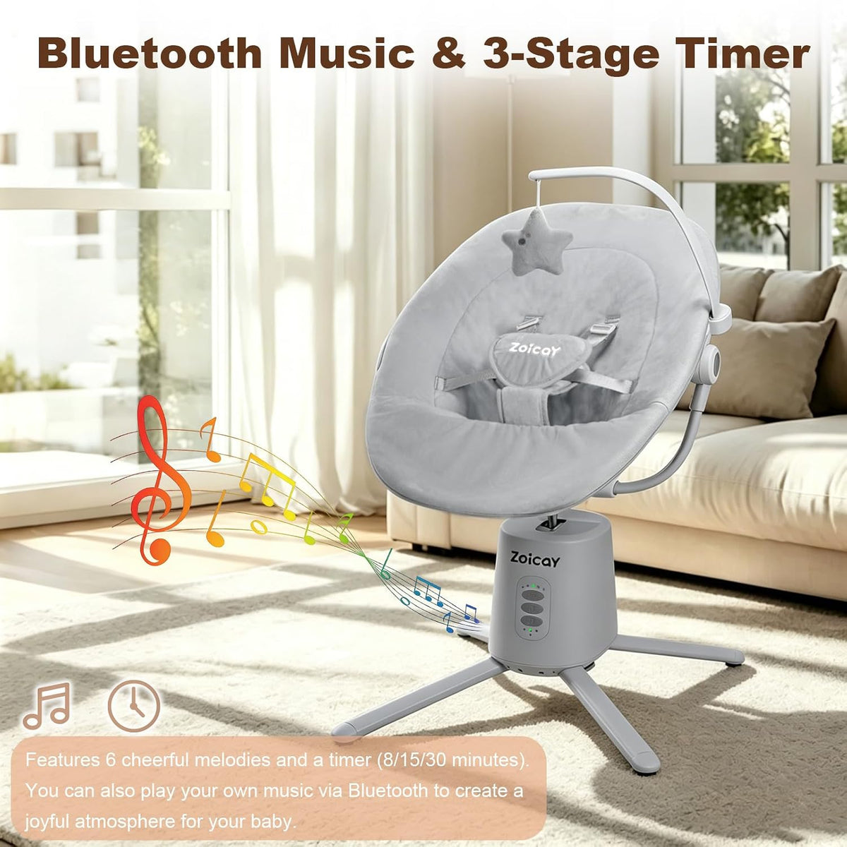 Swings for Infants with 3 Modes & 5 Speeds, BT App & Remote Control