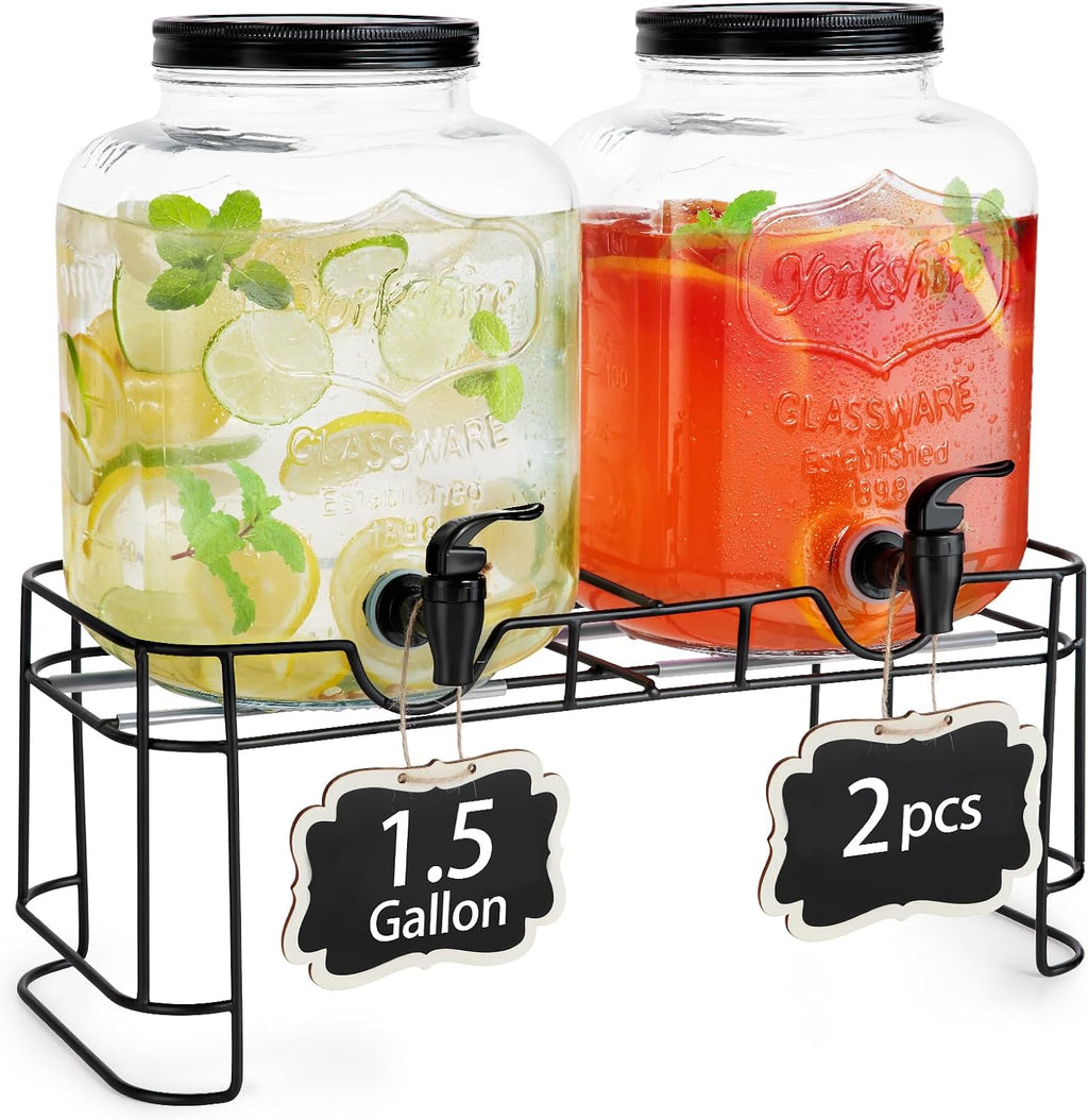 1.5 Gallon Drink Dispenser : 2P Glass Dispenser w/Metal Stand - Set of 2