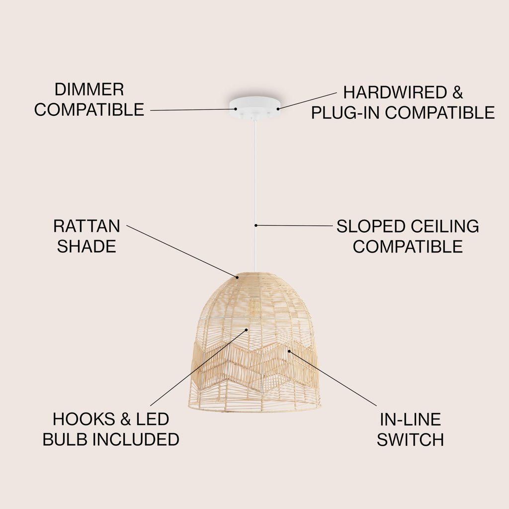 Sofia 17.5" Rattan 1-Light Pendant Swag Lamp, Light Brown