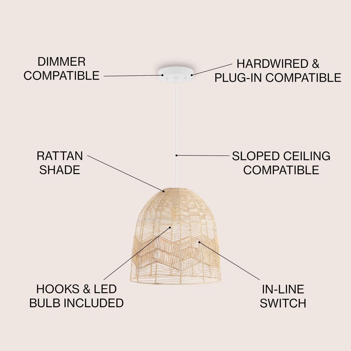 Sofia 17.5" Rattan 1-Light Pendant Swag Lamp, Light Brown