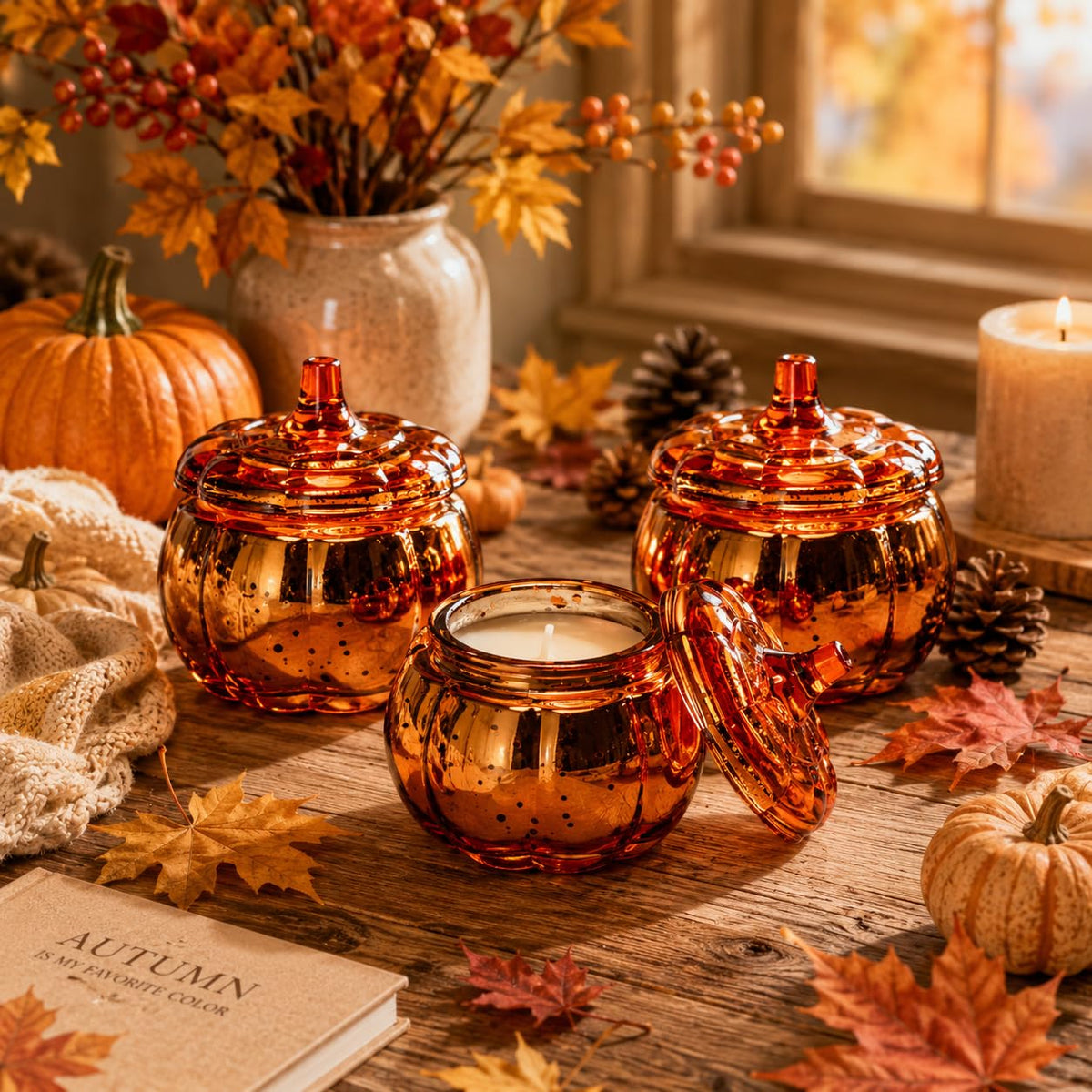 Pumpkin Shaped Candles 3 Pack, Fall Pumpkin Spice Scented Candles 15oz