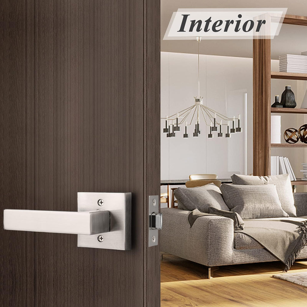 Square Brushed Nickel Passage Door Handles, Interior Non-Locking for Hall & Closet, Heavy Duty Zinc Alloy Reversible