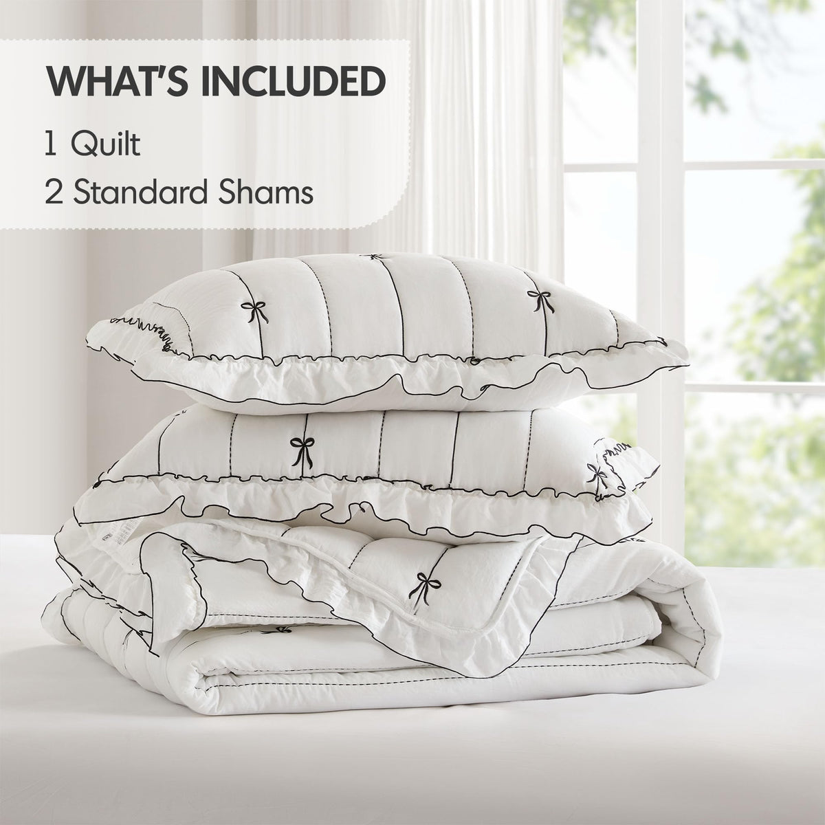 Bow Embroidered Ruffle Black Quilt Set, 3pc