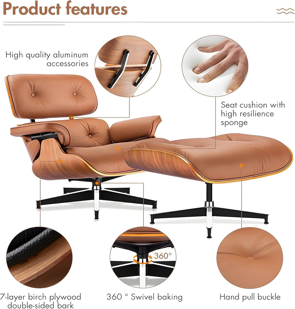 Inspired Eames Style Top Black Grain Leather Mid Century Chaise Lounge Chair and Ottoman, Reading Chair, Leather Accent Chair, Modern