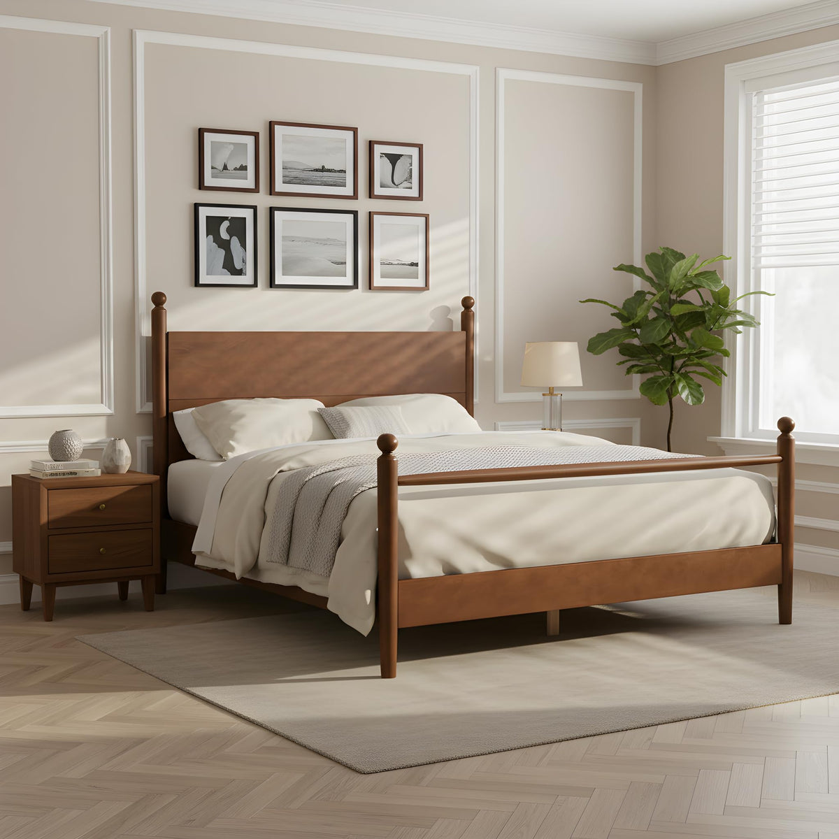 Solid Wood Platform Bed Frame with Spindle Headboard, Walnut