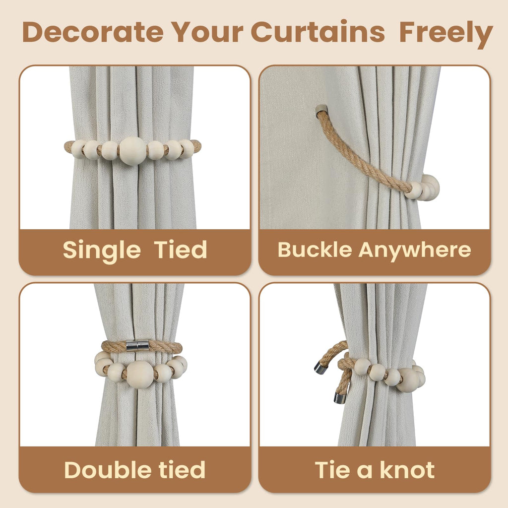Magnetic Curtain Tiebacks, 6 Pack Wood Bead Curtain Holdbacks, Decorative Curtain Ties for Drapes, Boho Curtain Tie