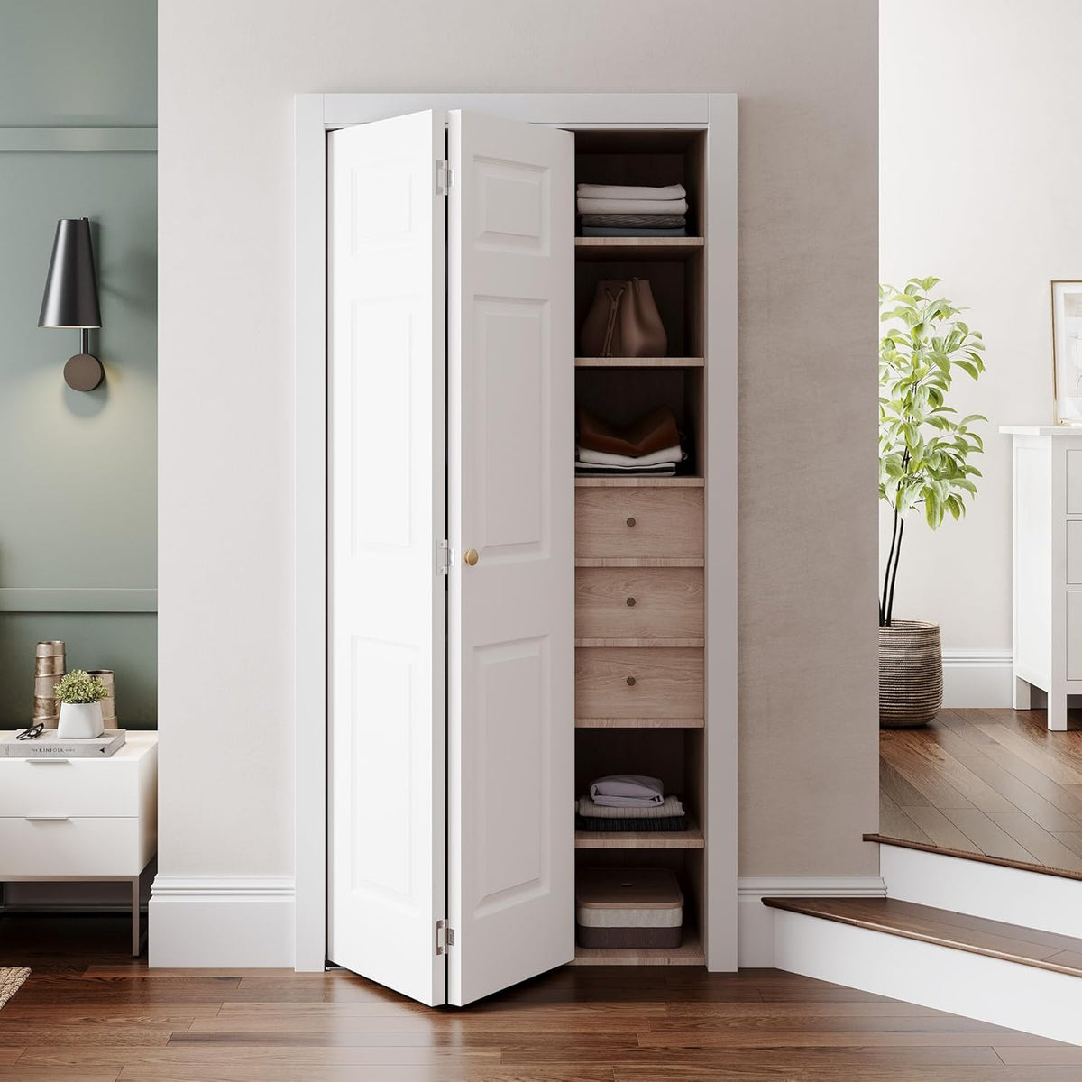 32" x 80" Paintable Bifold Door, 3-Panels Closet Doors with Hardward Kits, White Primed Surface Ready for Painting, 29
