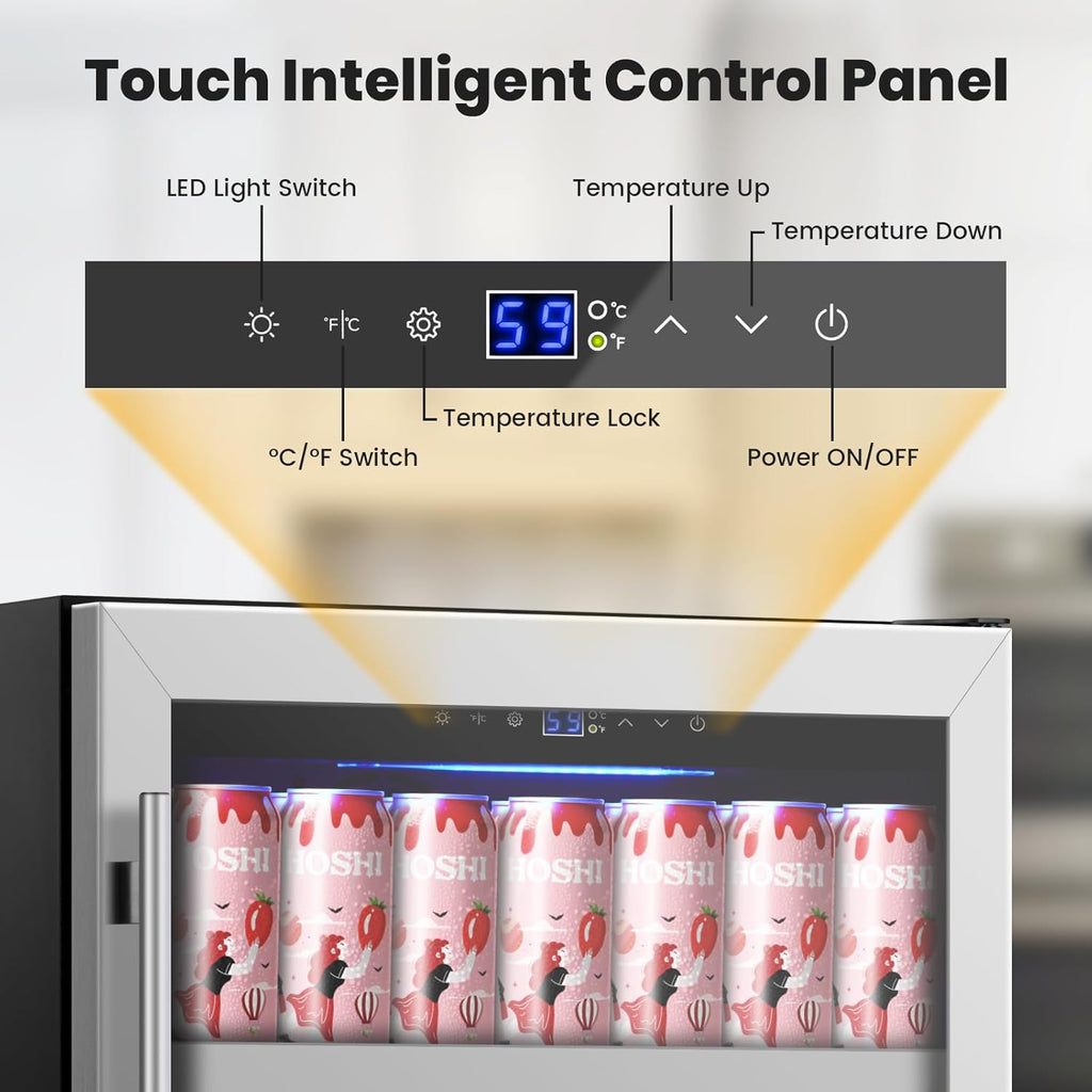 24 Inch Beverage Refrigerator,190 Cans Freestanding/Under Counter Beverage Fridge with Glass Door