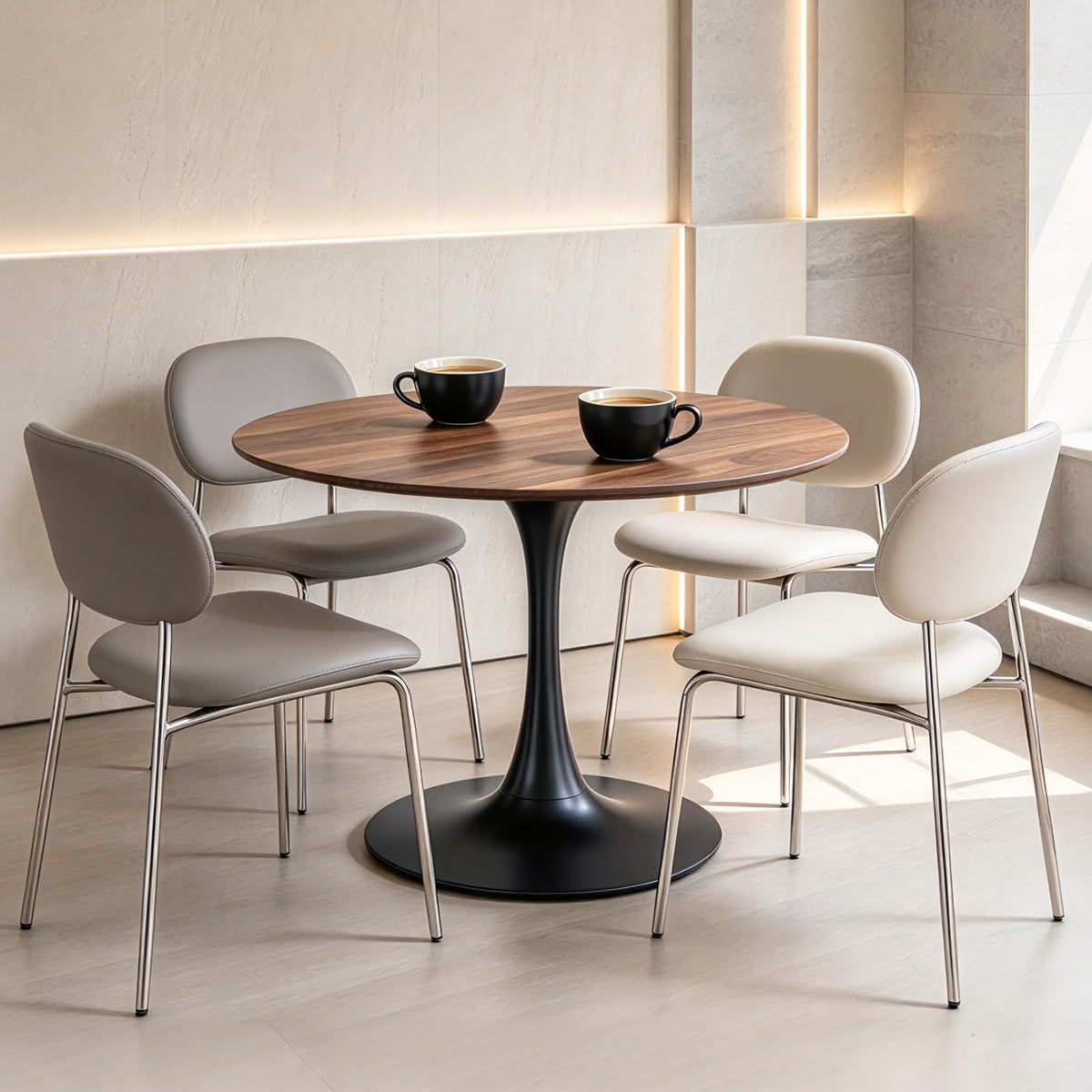 Inspired Saarinen Style 42 Inch Walnut Round Dining Table for 4, Tulip Dining Table with Thickened Tabletop & Sturdy Metal Pedestal, Mid
