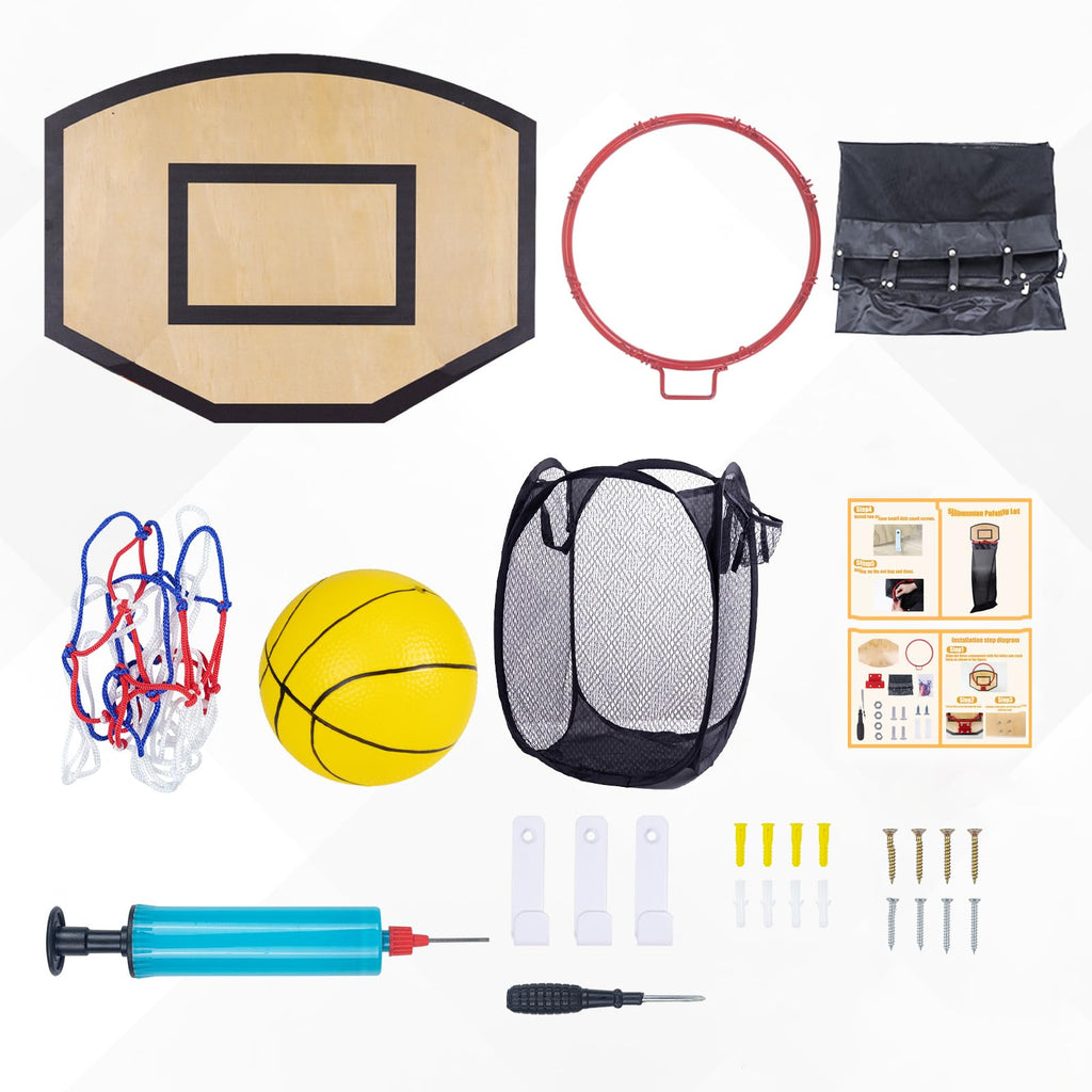 Basketball Laundry Hamper, Over The Door Hoop with Laundry Basket, Sports-Themed Hamper Organizer Set with Backboard