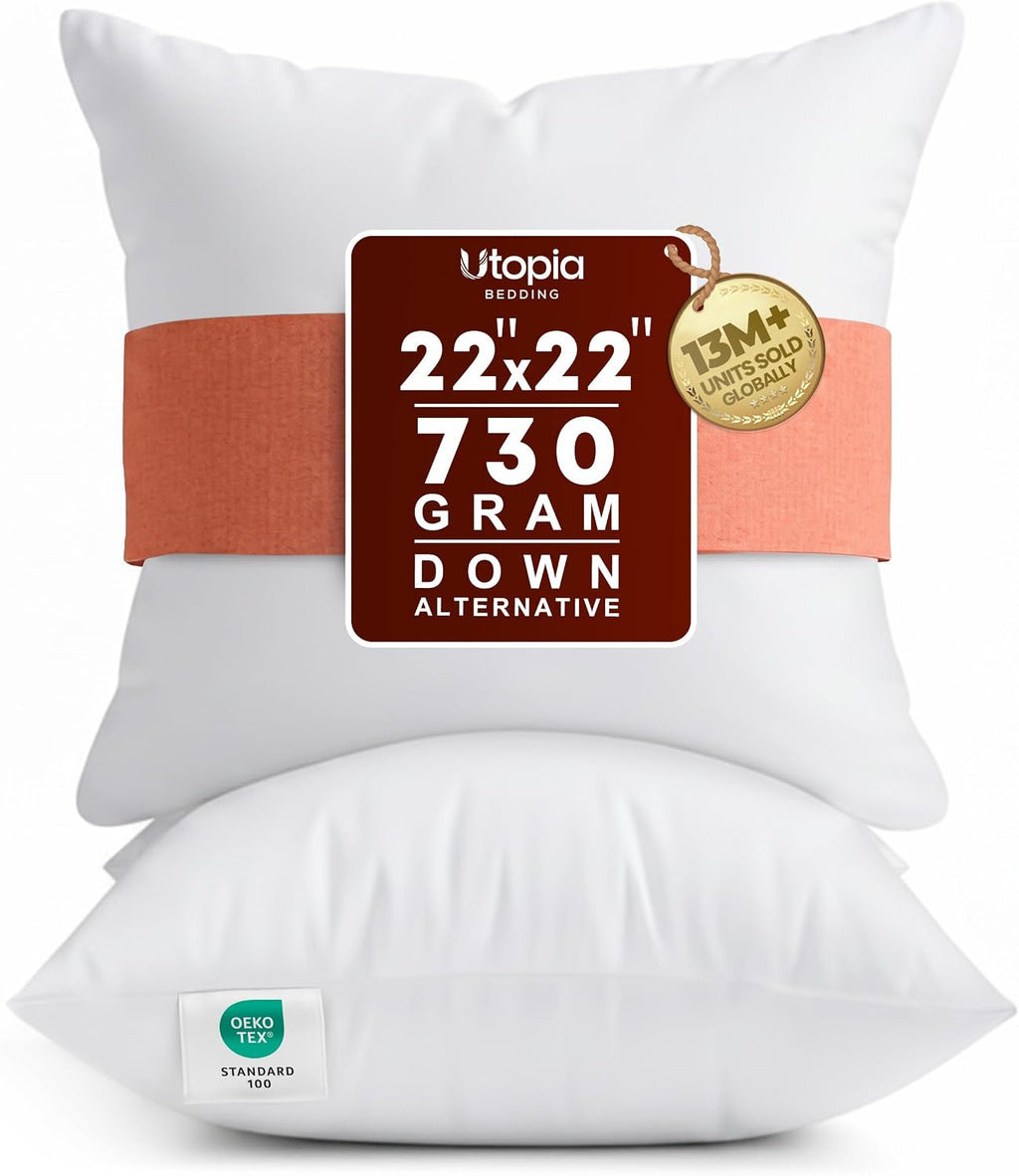 22x22 Pillow Inserts, White Throw Pillows for Couch, 2 Pack - Set of 2