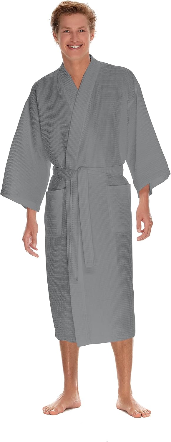 Men's Waffle Robe by BOCA TERRY, Waffle Knit Spa Robe, Long Lightweight Cotton Kimono Hotel Bathrobe