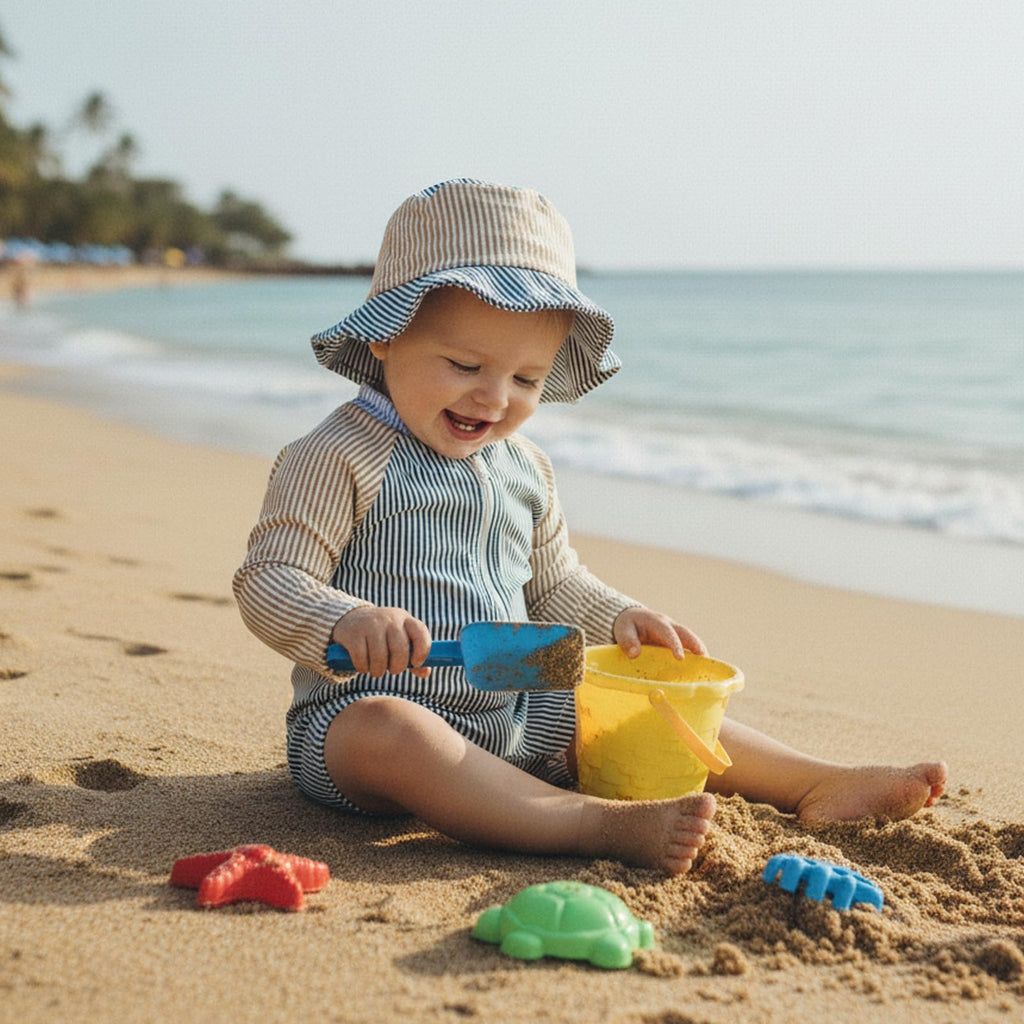 Toddler Baby Boys Seersucker Long Sleeve One Piece Rash Guard Swimsuit Zipper Bathing Suit Swimwear with Hat