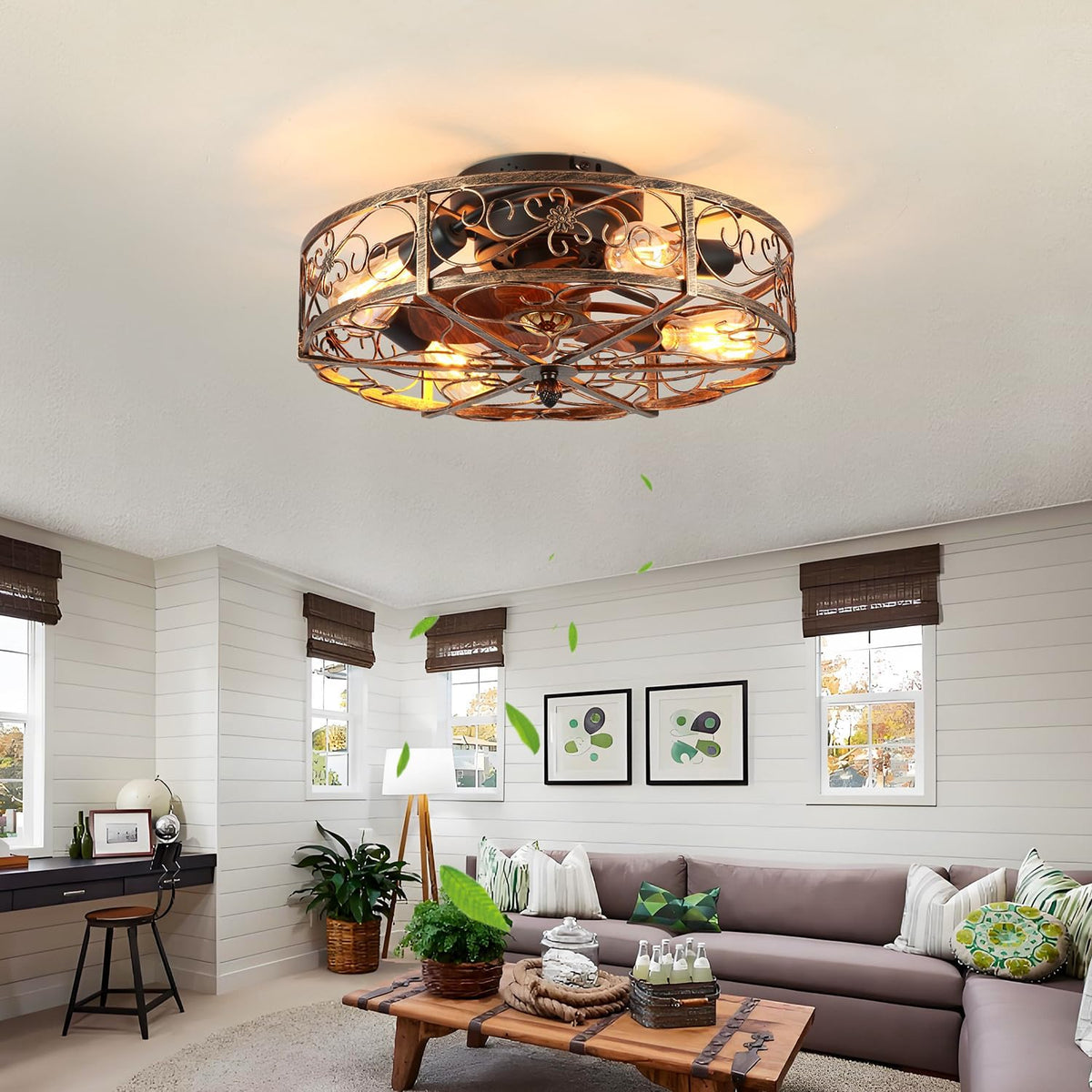20" Flush Mount Caged Ceiling Fan with Light & Remote