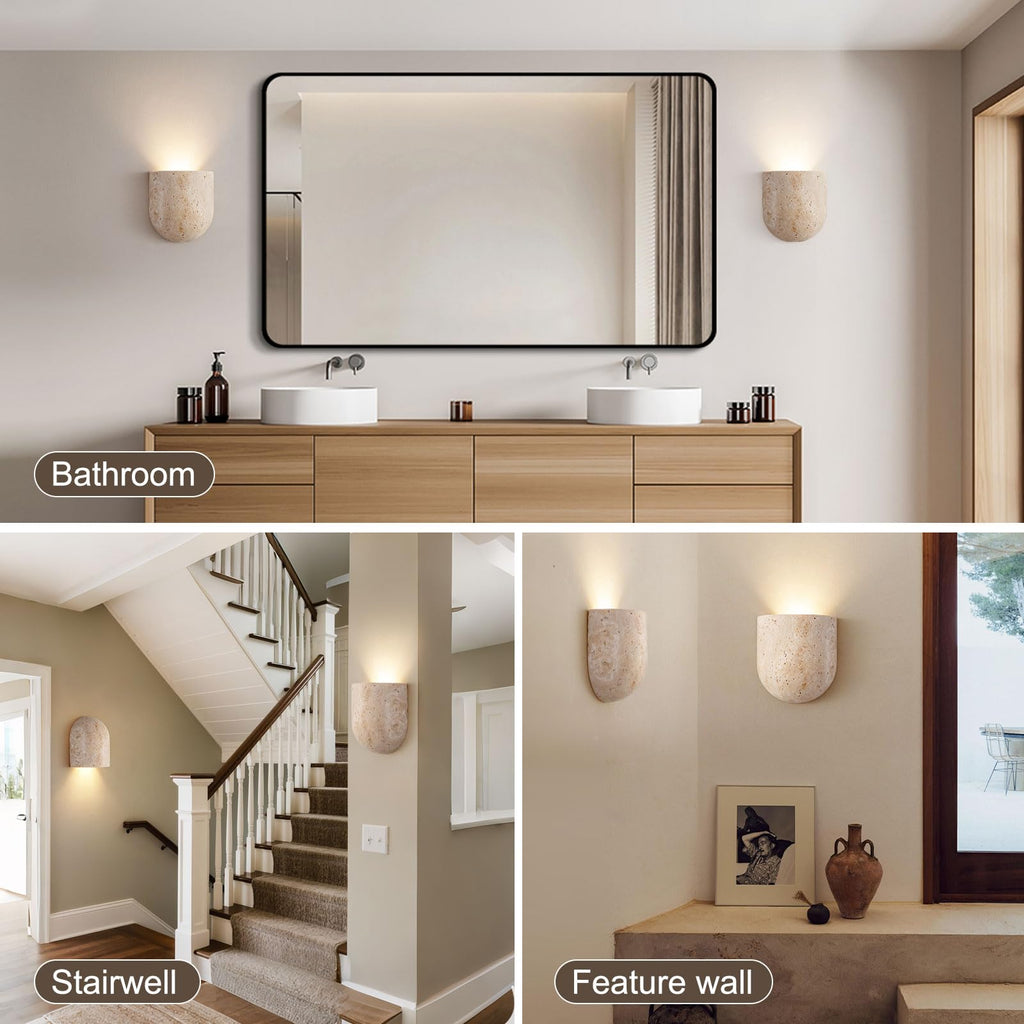 Natural Travertine Wall Sconce, Modern Stone Wall Lamp with G9 5W LED Bulb, 3000K Warm White Minimalist Wall Light