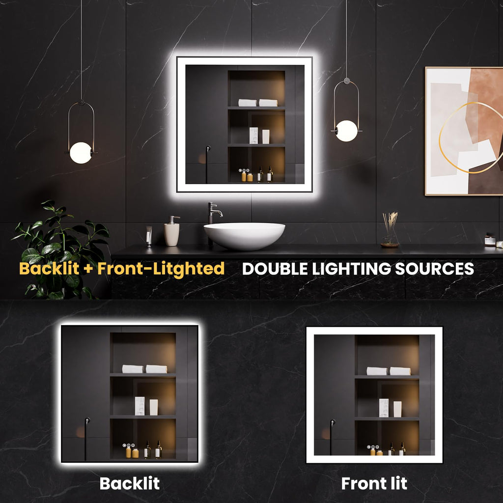 36"X36" LED Bathroom Mirror Black Framed