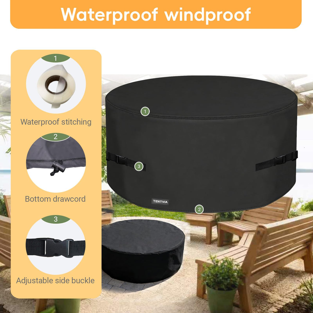 Round Fire Pit Cover - 600D Heavy-Duty Oxford Fabric, Fits 18-48 Inch Fire Pits & Fire Pit Tables, Black, 28" D x 17"