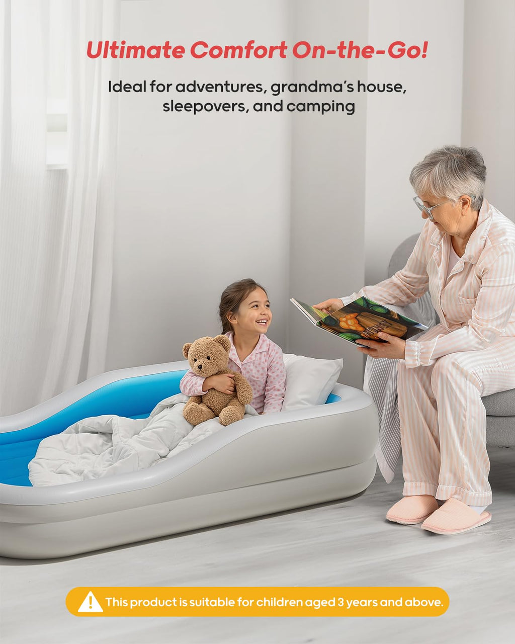 Inflatable Toddler Travel Bed with 3-Sided, Extra Large, Blue