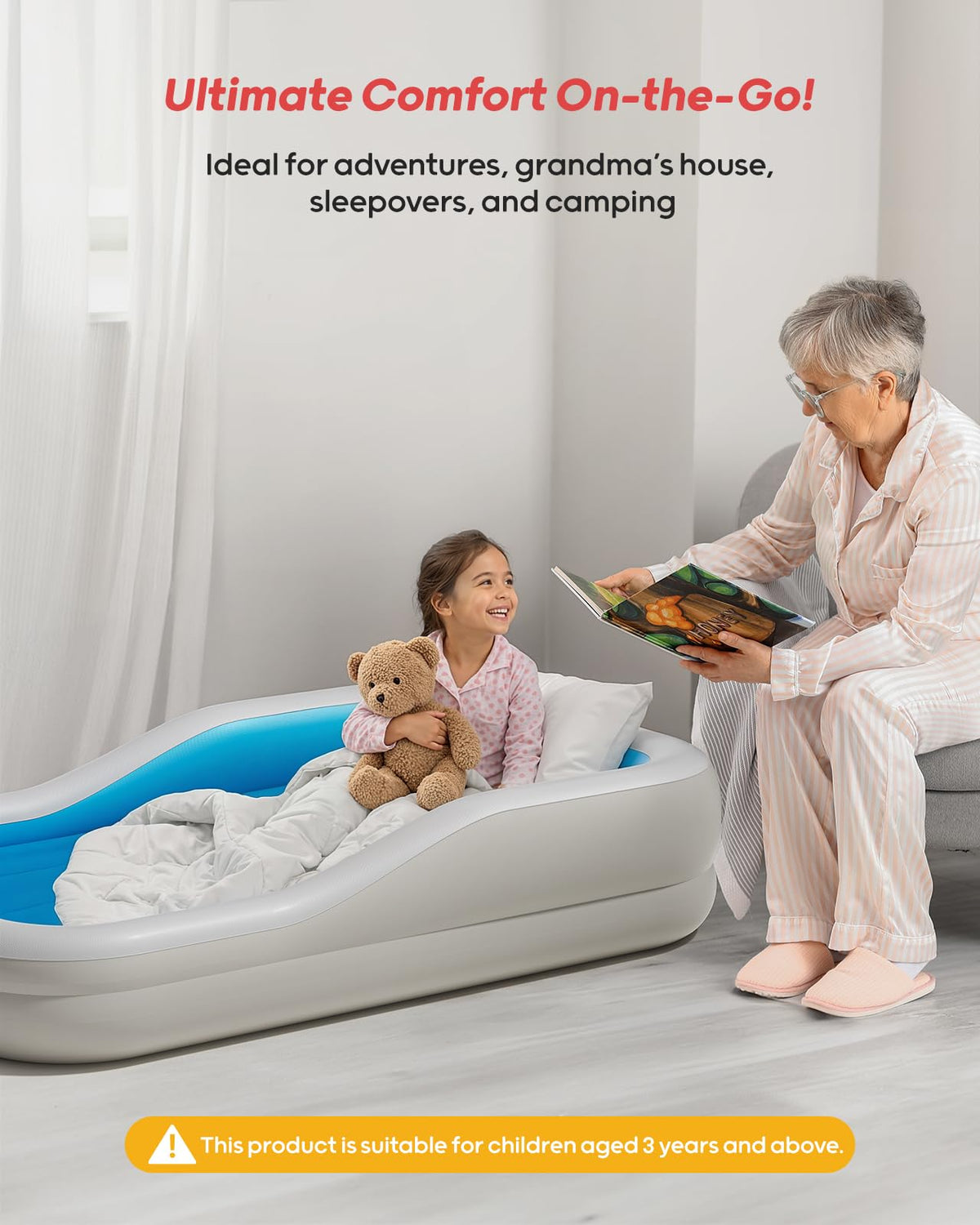 Inflatable Toddler Travel Bed with 3-Sided, Extra Large, Blue