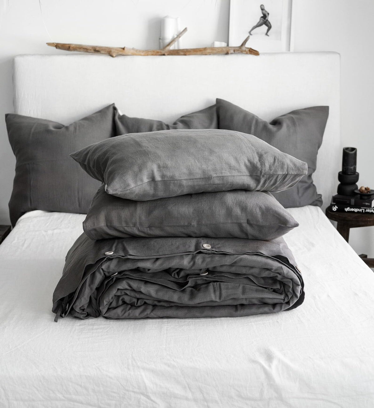 Khedapati Textiles Charcoal Grey Linen Duvet Cover. Natural Stonewashed Dark Grey Linen Duvet Cover in