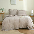 Taupe/White Plaid Ruffle Duvet Cover,100% Washed Cotton 3 Pcs Vintage Checkered Chic Gingham Bedding Set