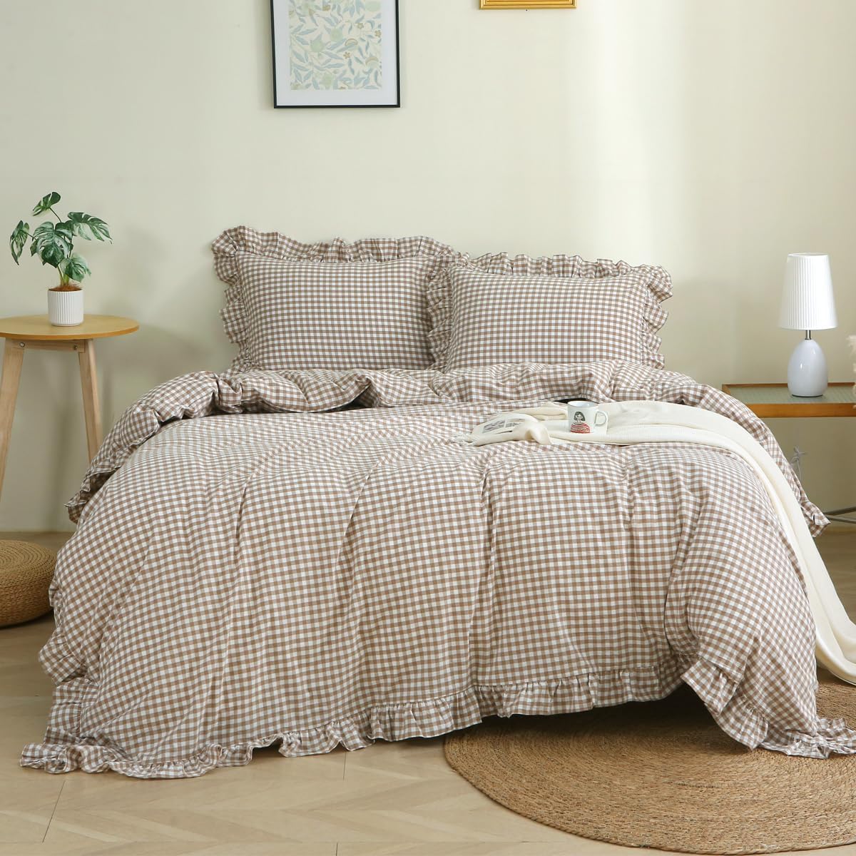 Taupe/White Plaid Ruffle Duvet Cover,100% Washed Cotton 3 Pcs Vintage Checkered Chic Gingham Bedding Set