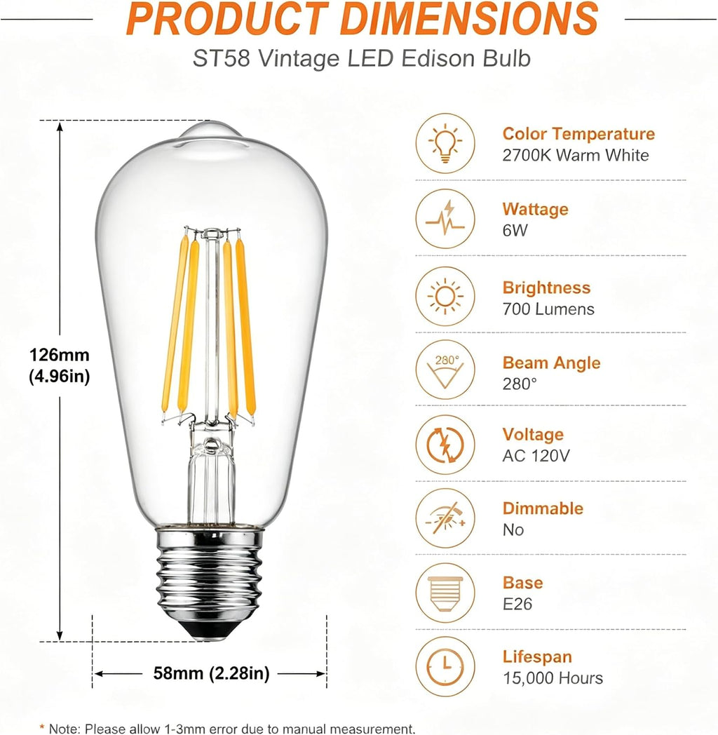 Vintage LED Edison Bulbs 6W, Non-Dimmable 4 Packs Equivalent 60W Incandescent, Warm White 2700K, ST58 Antique LED