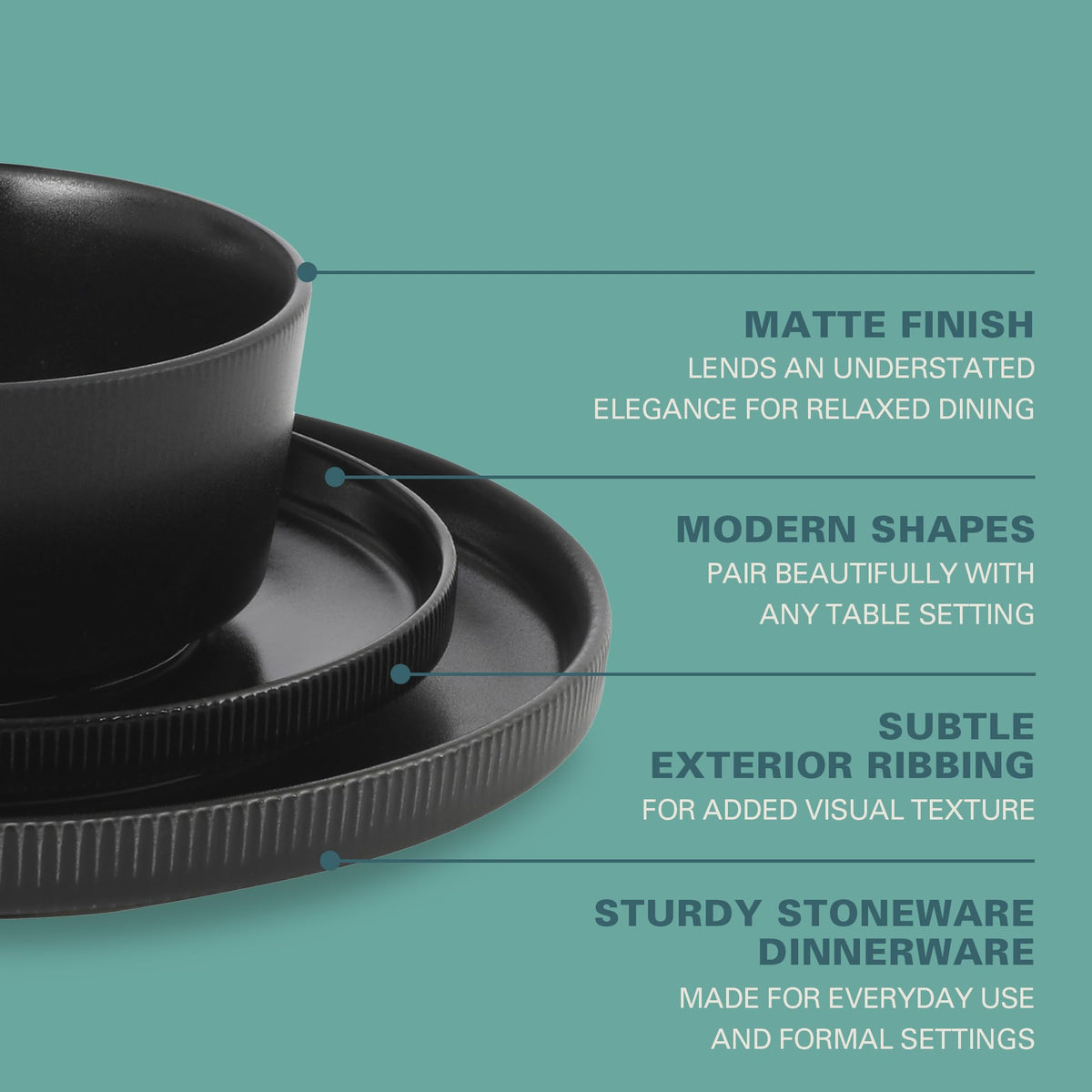 Dempsey Road 12-Piece Stoneware Dinnerware Set - Service for 4, Round Black Plates and Bowls, Durable Solid Color