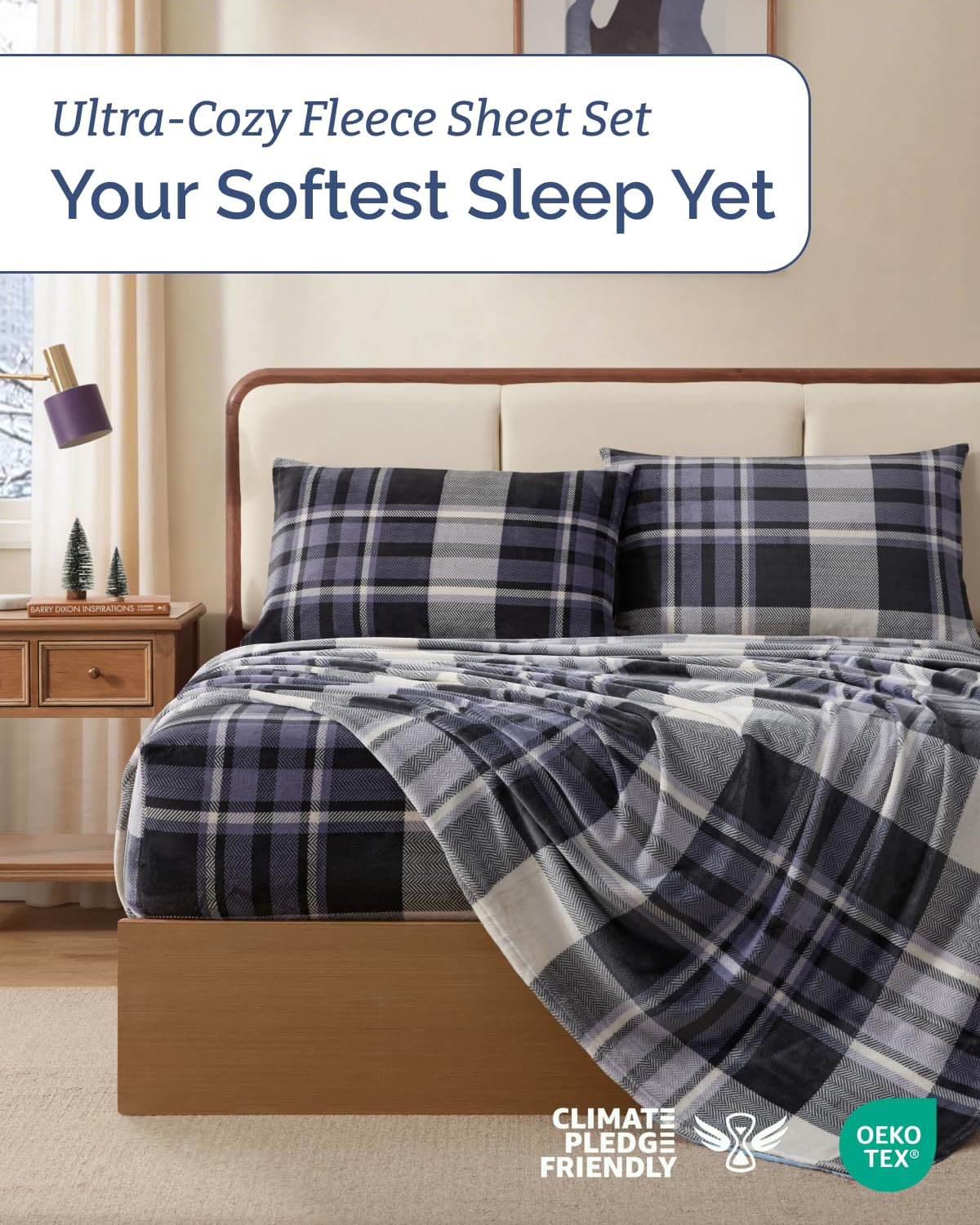 Fleece Sheets Set - 4-Piece Flannel Sheet Set - Grey Tartan