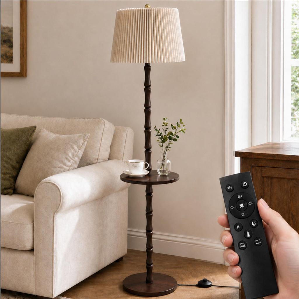 Real Wood Floor Lamp with Built-in Tray, Remote Control, Adjustable Brightness & 3 Color Temperatures, Dimmable