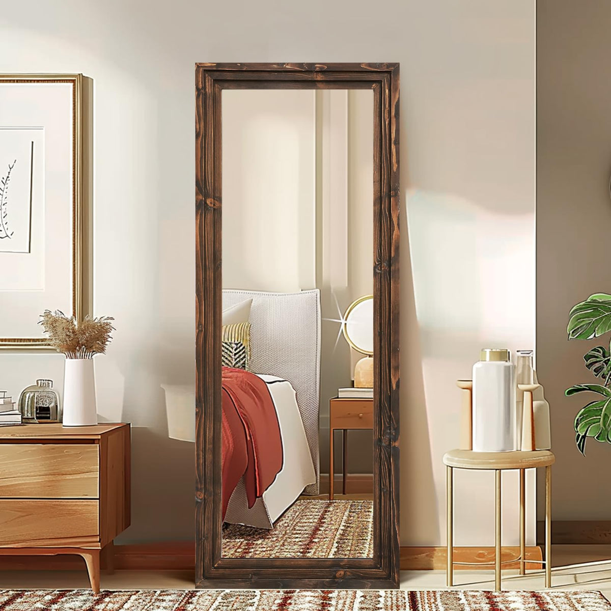 58x22in Full Length Mirror, 3-Tier Stepped Solid Wood Frame, Brown