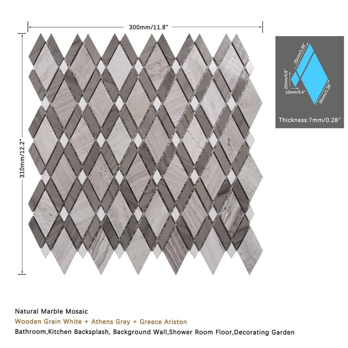 Gray Stone Diamond Mosaic Tiles, 5-Sheet Pack (5 Sq.Ft), Natural Textured Finish (Non-Polished), Geometric Rhombus