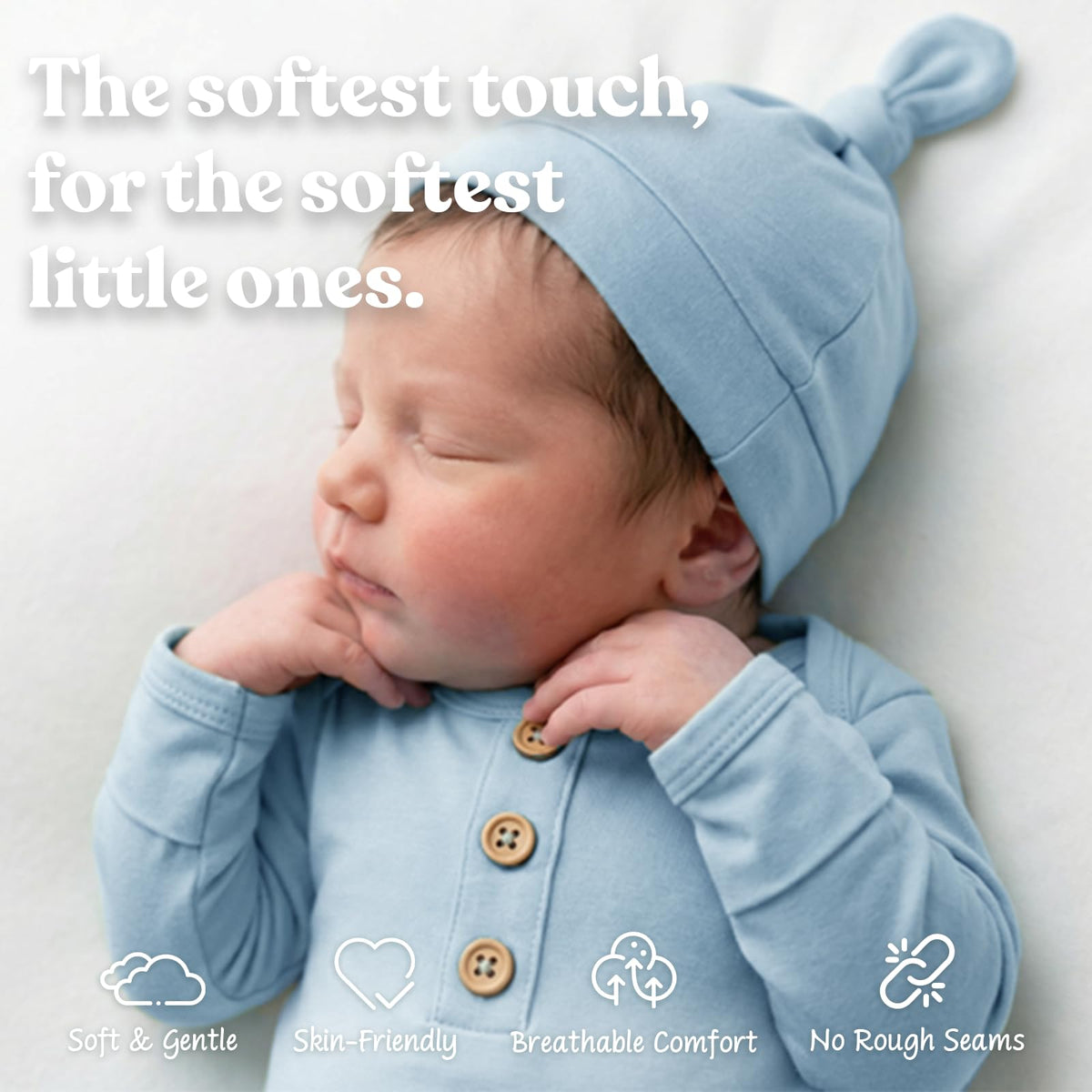 Newborn Knotted Sleep Gown with Hat, Soft Baby Nightgown with Mitten Cuffs, Hospital & Coming Home Outfit for Boys