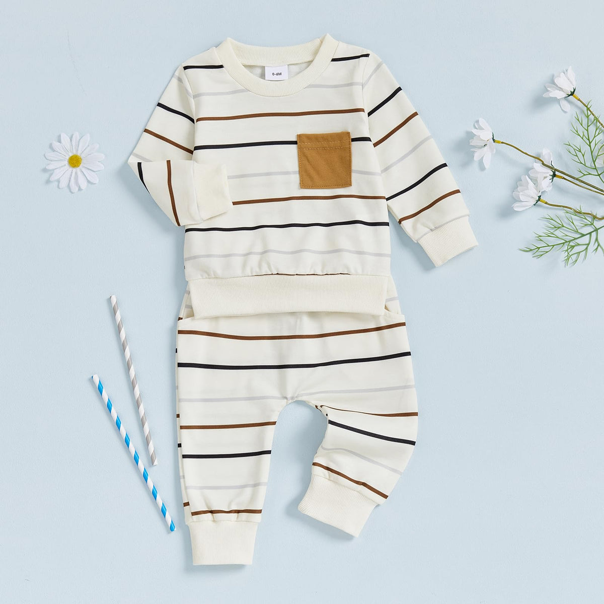 Toddler Baby Boy Clothes Long Sleeve Striped Sweatshirt Pants Set Fall Winter Outfits White