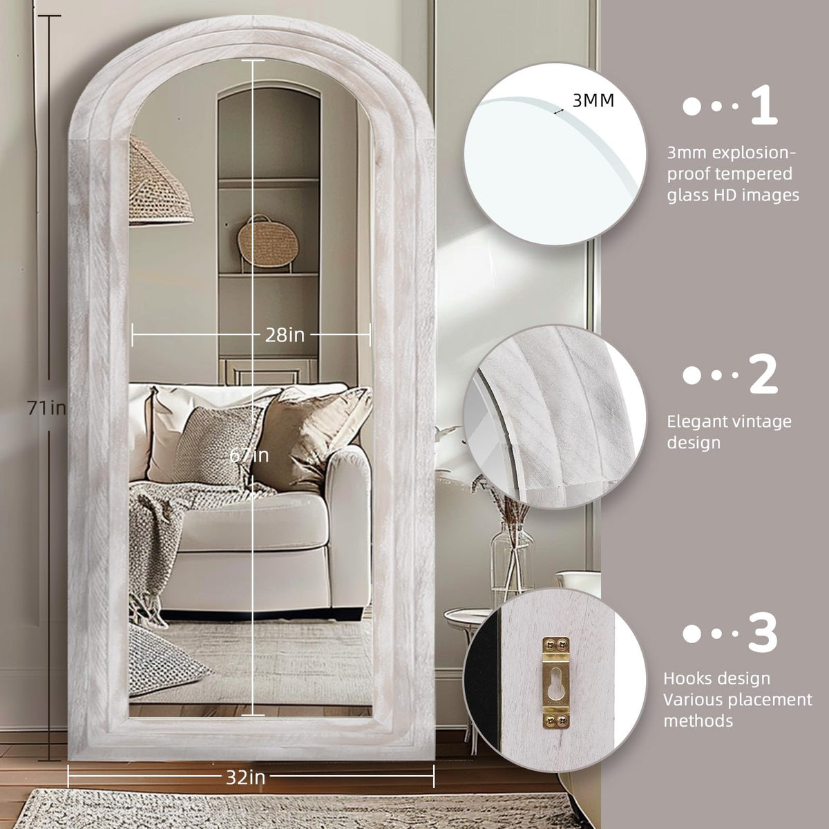 Arched Full Length Mirror with Solid Wood Frame
