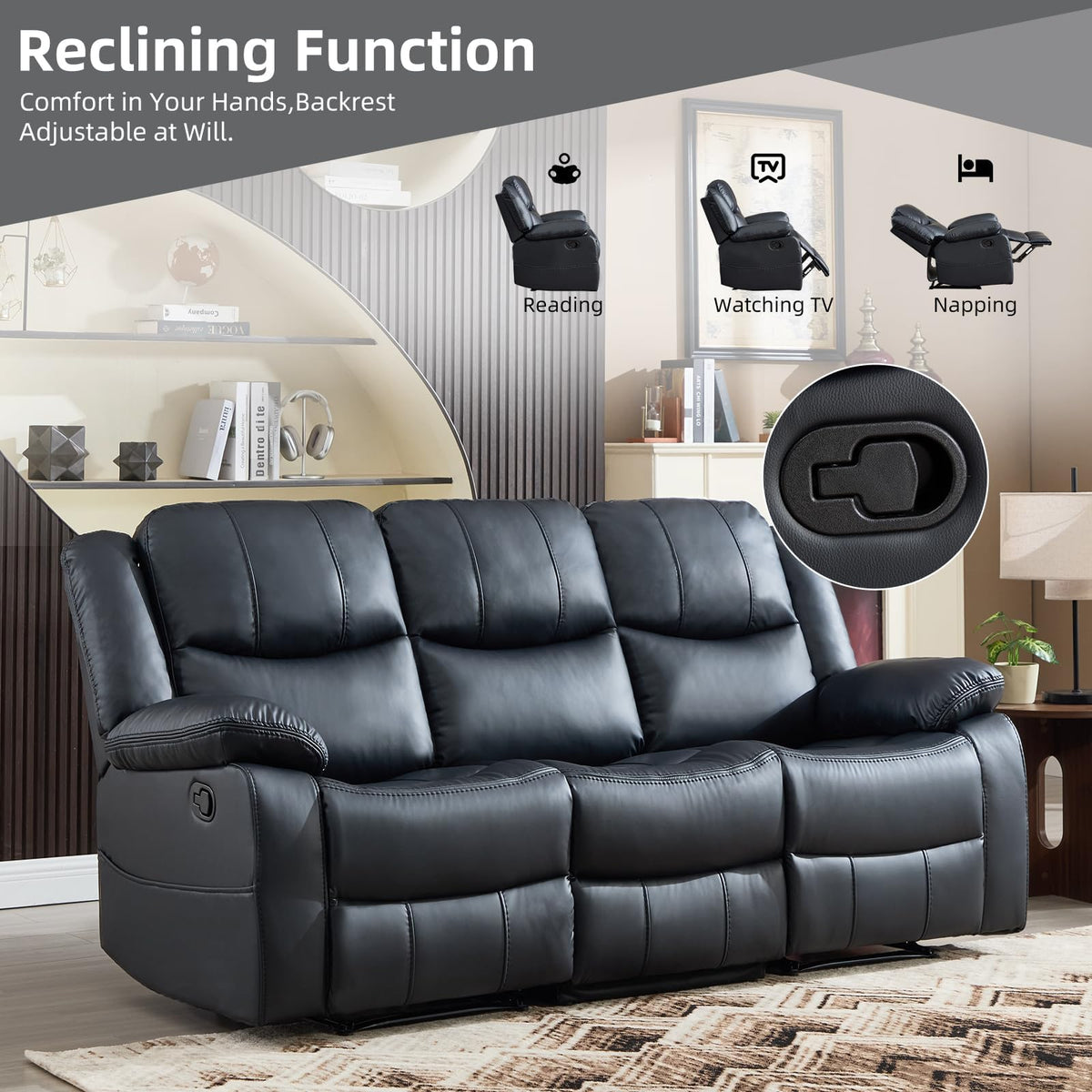 Faux Leather Manual Living Room Furniture Set, Includes 1 Reclining 1 Seat Chair and Two 3 Seat Couch, Mid-Century
