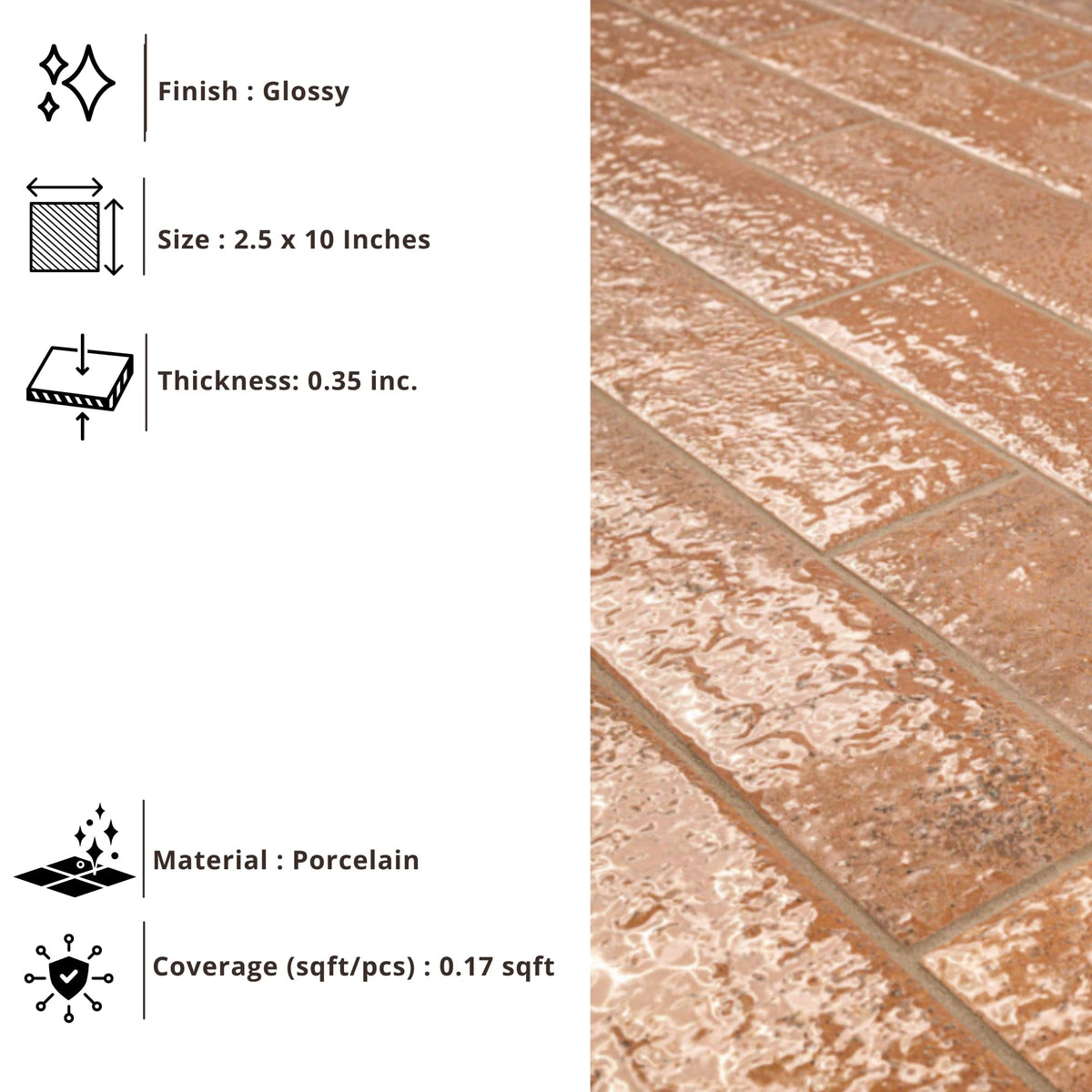 2.5x10 Terracotta Handmade Look Glossy Porcelain Tile-1 Piece