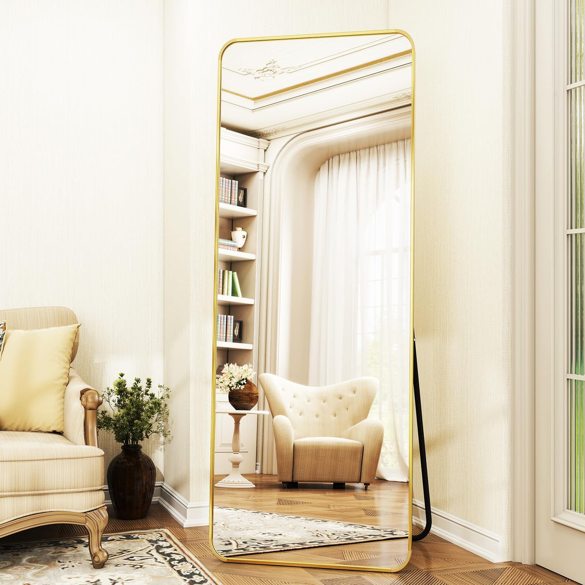 Full Length Mirror 23"x66", Large Floor Mirror with Rectangle Rounded Corners, Gold Aluminum Alloy Frame, Wall Mirror