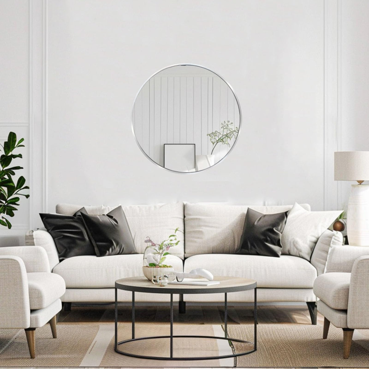24 inch Silver Circle Mirror, Round Mirror, Brushed Nickel, Chrome