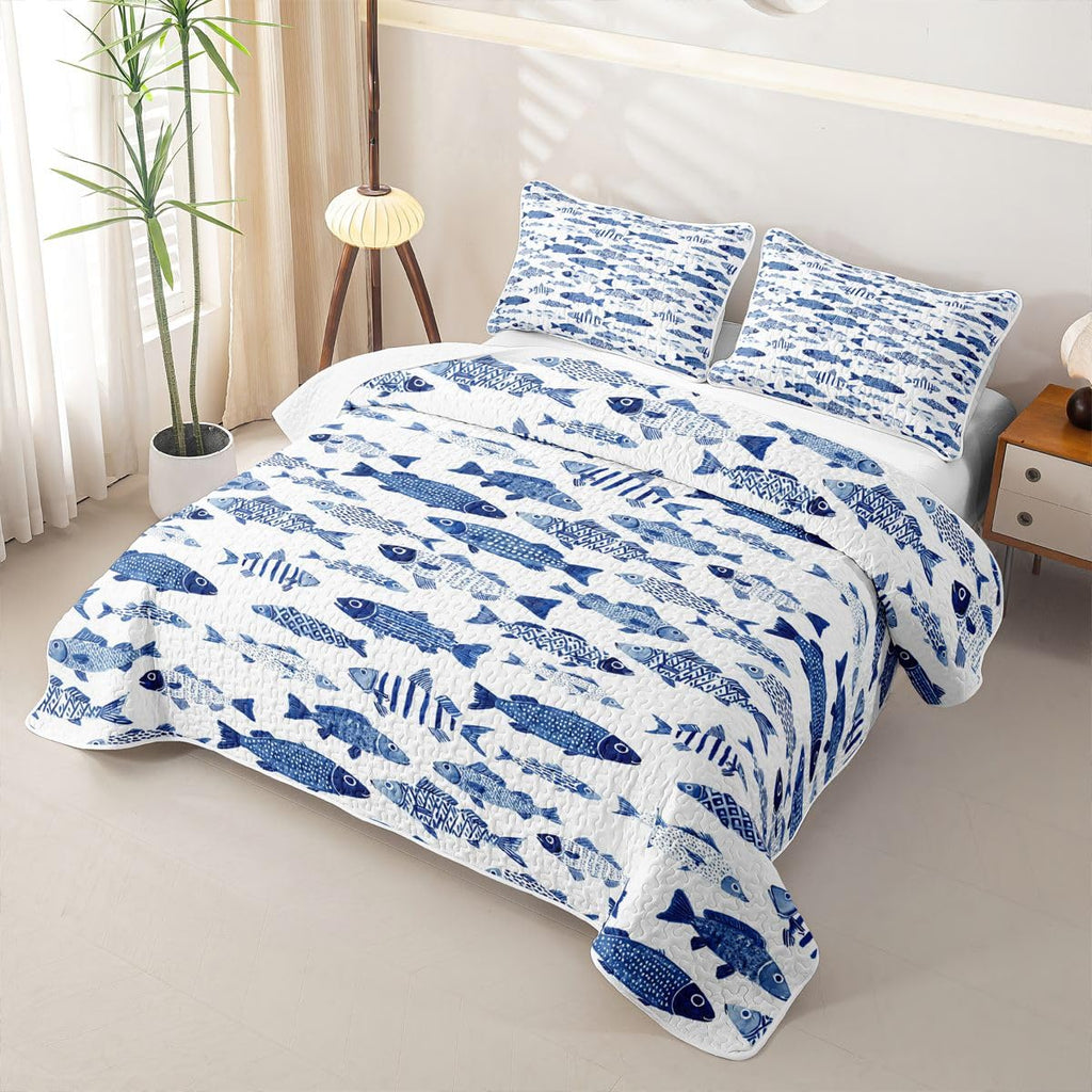 Fish Coastal Quilt Set Marine Quilted Bedding 3 Pieces