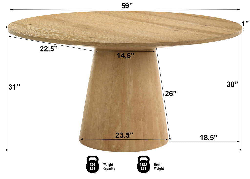 Terra 59" Transitional Round Dining Table with Pedestal Base, Natural Oak