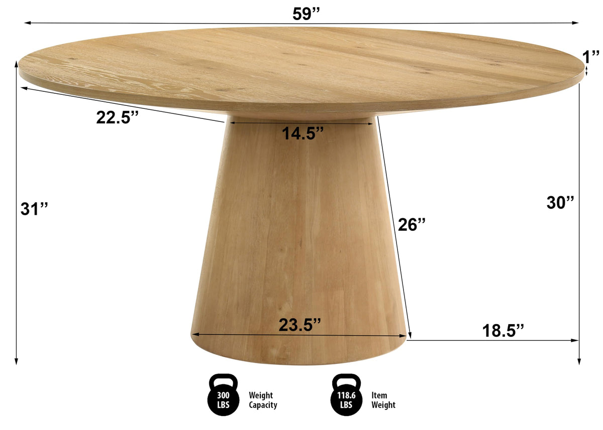 Terra 59" Transitional Round Dining Table with Pedestal Base, Natural Oak