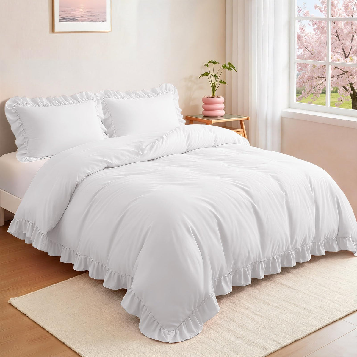 White Duvet Cover 3 Piece, Farmhouse Shabby Chic Bedding