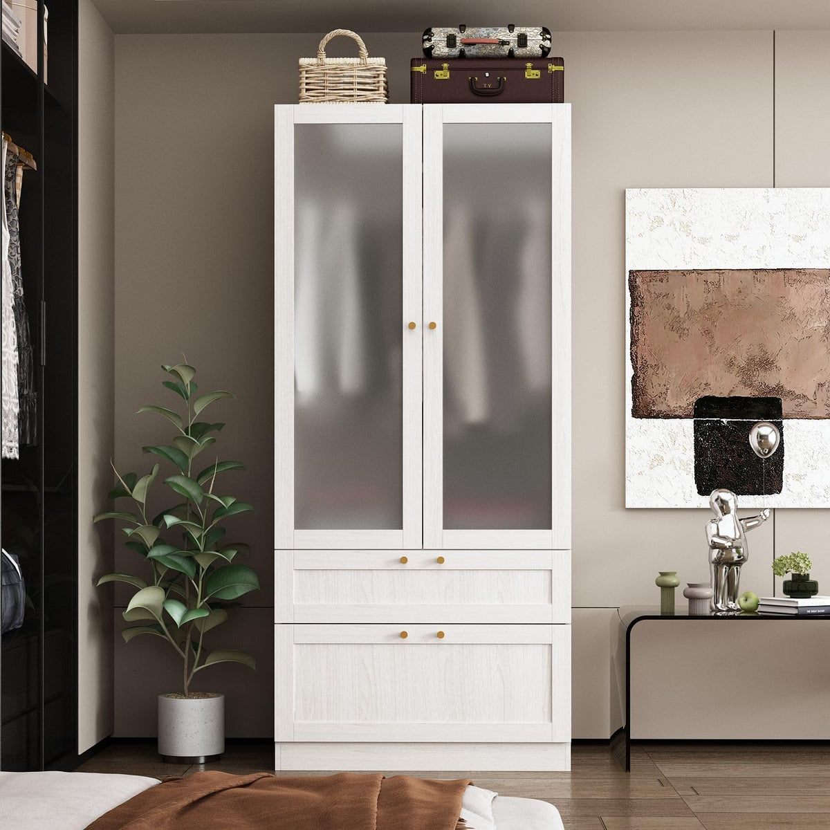 Modern Wardrobe with Drawers, Bedroom Armoires with Frosted Glass Doors and Hanging Rod, Armoire Wardrobe Closet with