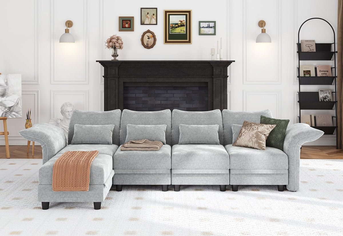 L Shaped Sectional Sofa, 5-Seater Grey Chenille Modular Couch