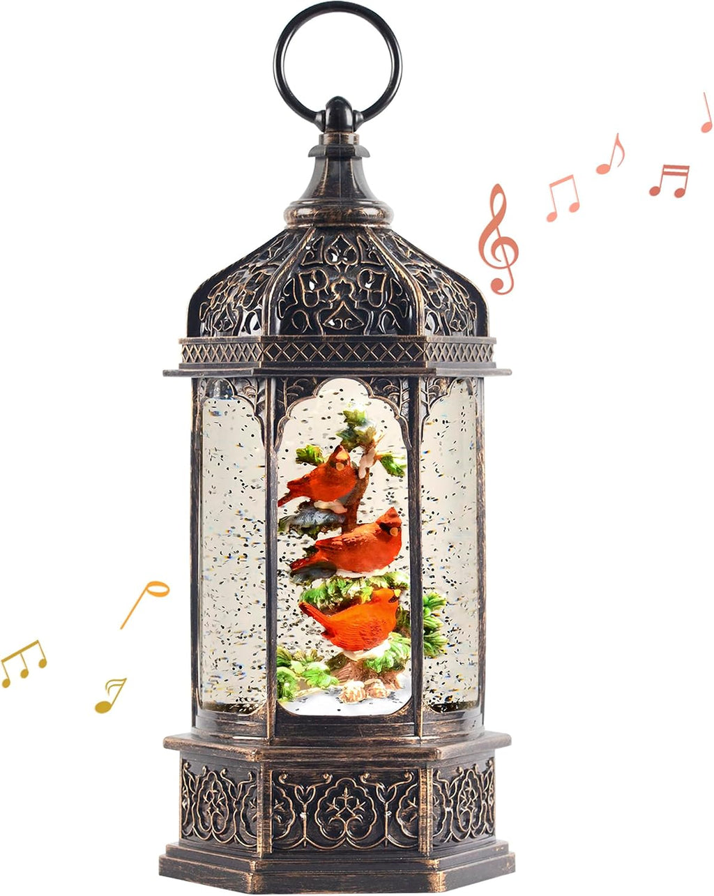 12.8" Lighted Musical Christmas Snow Globe Lantern with Three Red Cardinals in Tree, Swirling Glitter, Antique