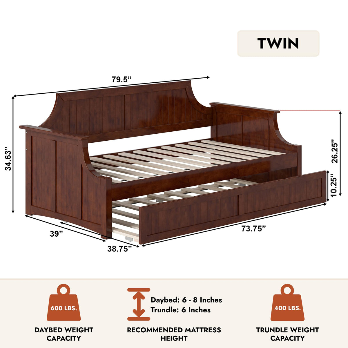 Cambridge Twin Wood Daybed with Twin Trundle, Walnut