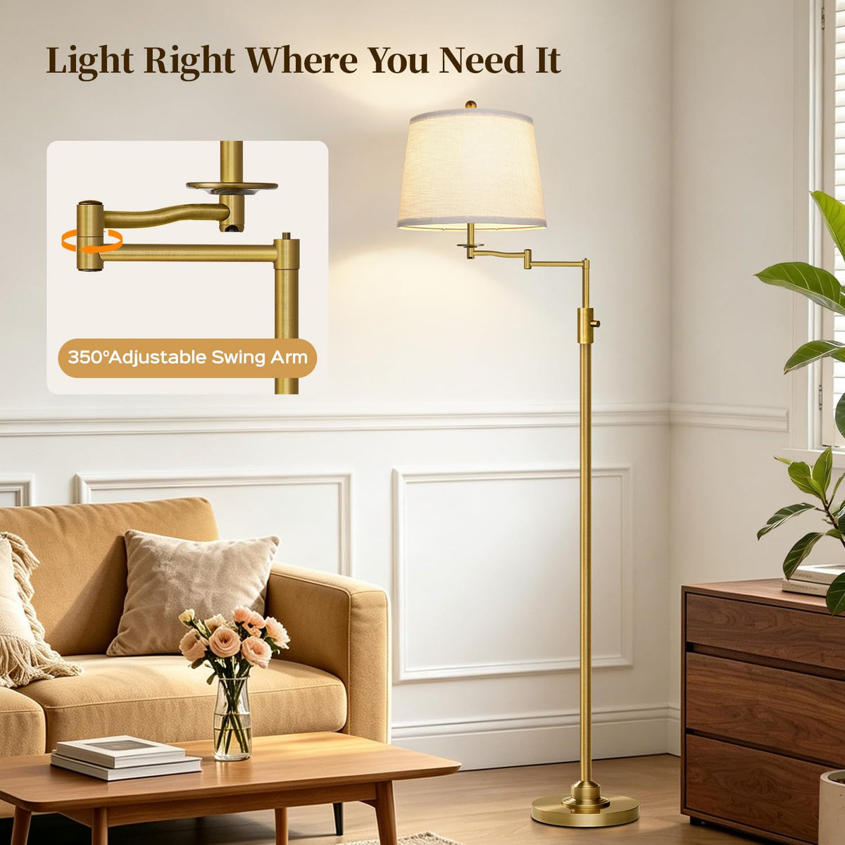 Dimmable Floor Lamp with 350° Swing Arm, 9w Bulb Included, Antique Brass